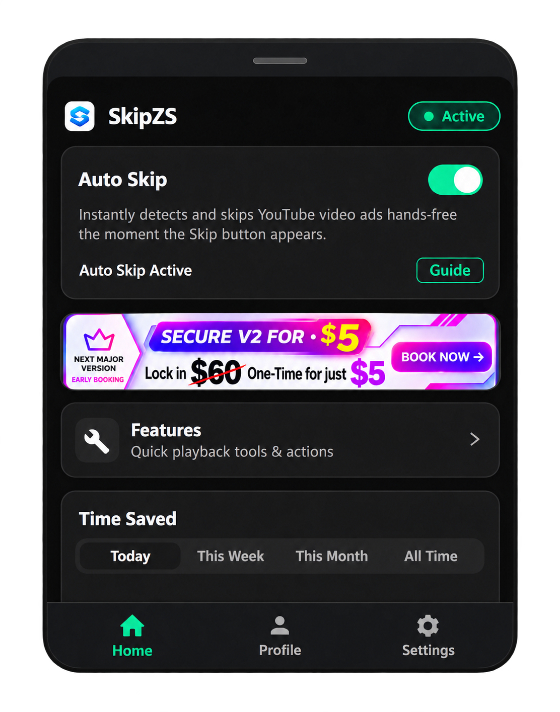 SkipZS extension interface on a compact screen